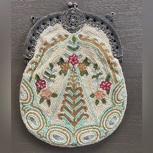 Vintage Beaded Bag, made in India, silk lined, 6.5” W x 8” H, chain 16” drop